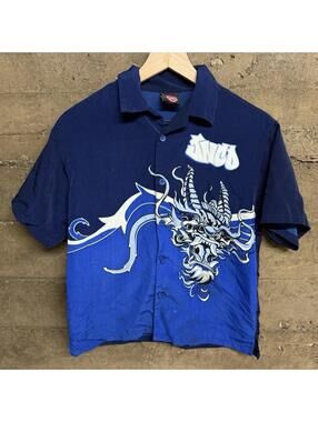 JNCO Y2K Dragon Button Up Shirt Youth Boys Size 8 (Fits S) Blue Rare Grail